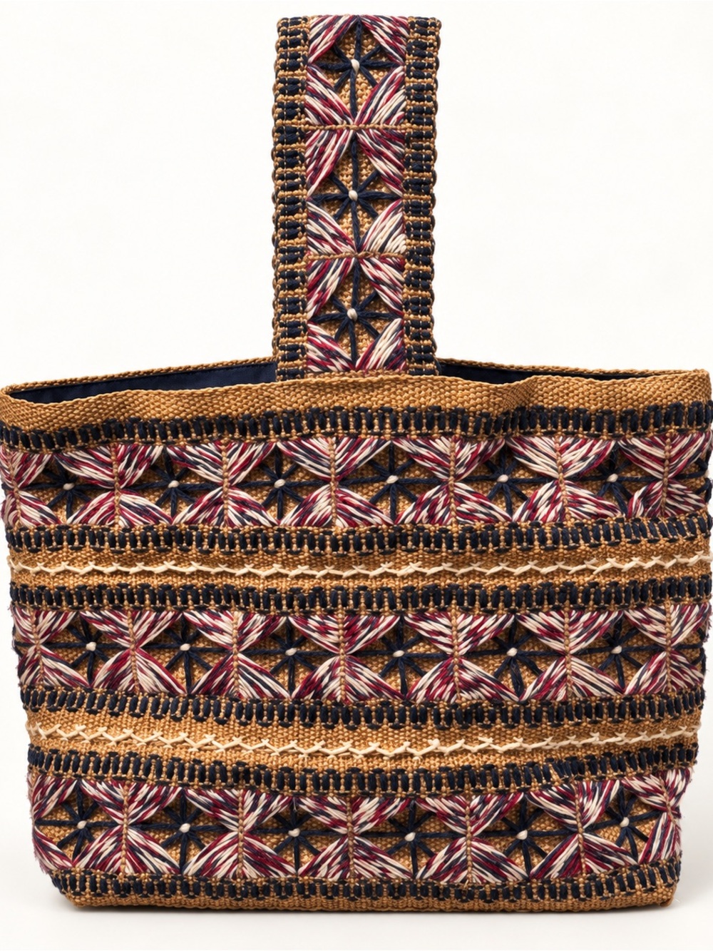 Woven Multicolor Straw Tote Bag with Patterned Strap